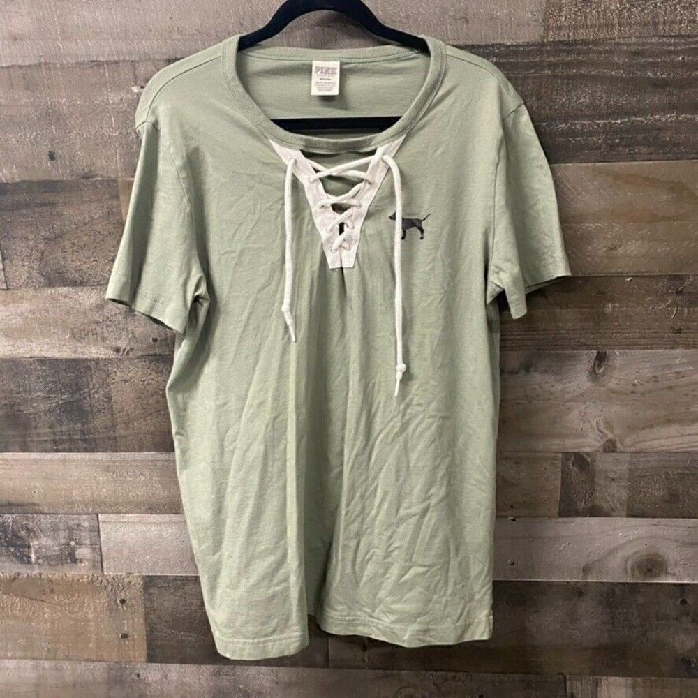 VS PINK tie front t shirt v neck green pre owned size M medium
